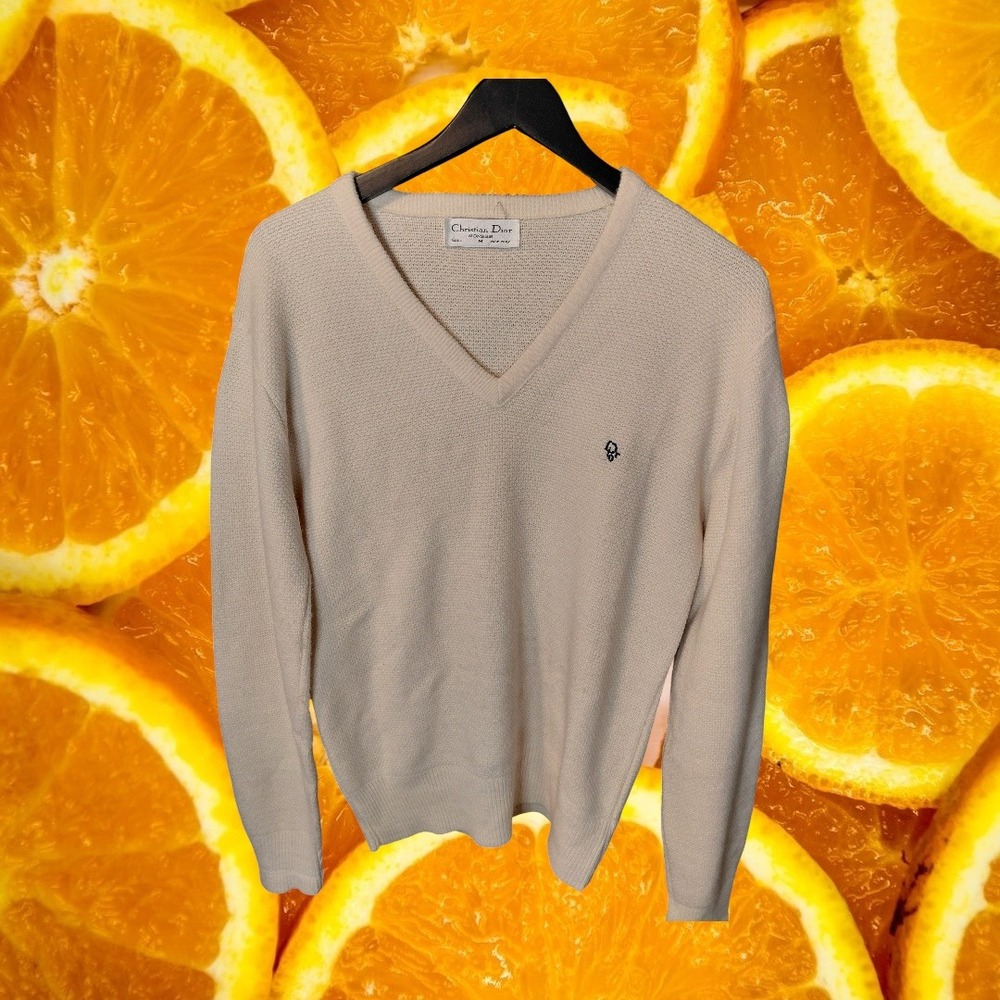 Christian Dior Monsieur Vintage V-Neck Sweater Cream Orlon Acrylic Mens Medium‎